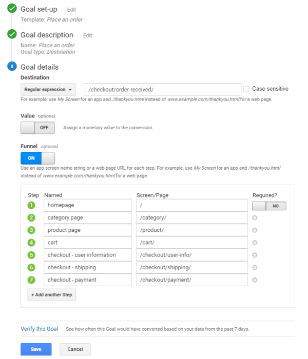 Google Analytics Transactions Goal with Funnel