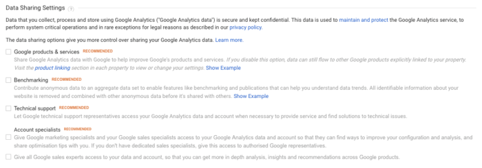 Google Analytics Data Sharing Settings