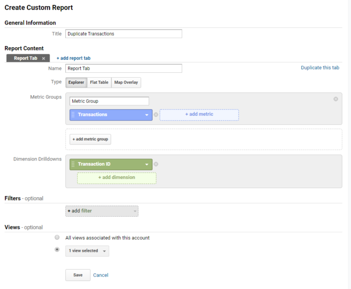 Google Analytics Custom Report for Duplicate Transactions