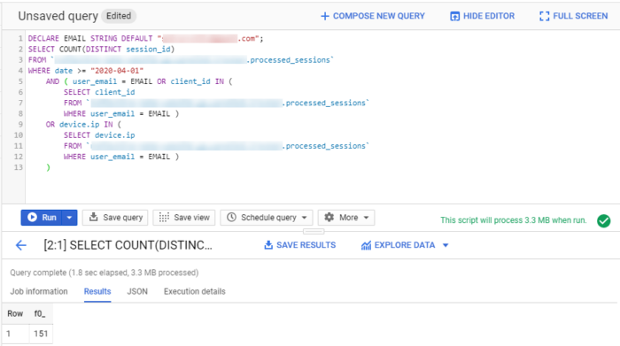 Count of users sessions in BigQuery