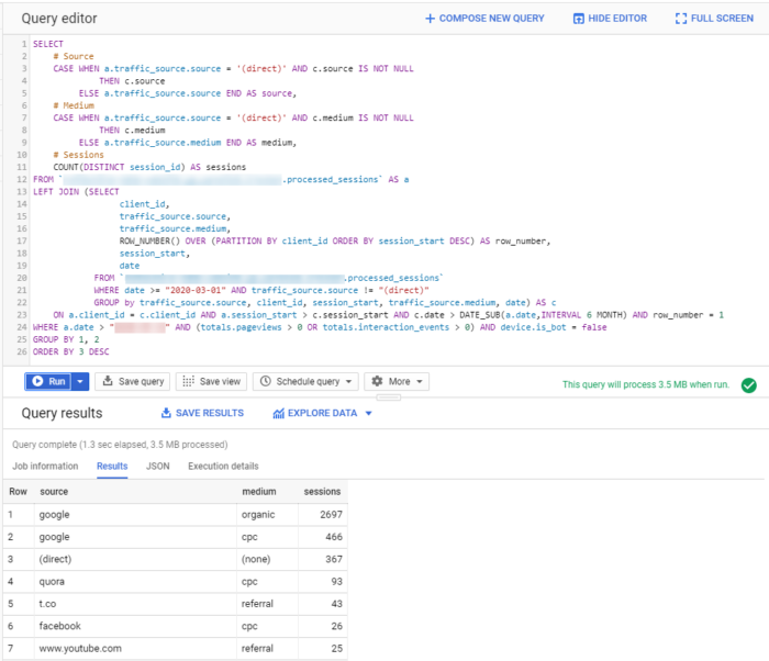 Count of sessions by source/medium in BigQuery (last non-direct click)